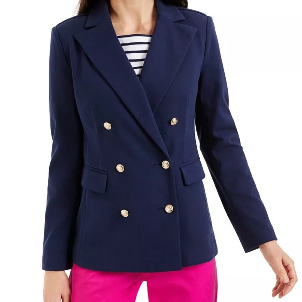 Charter Club Knit Double-Breasted Blazer - Navy and Gold - Size XS
